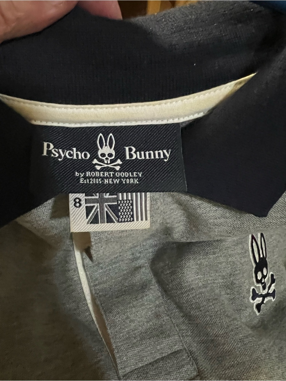 Psycho Bunny Men’s Grey Polo with Navy Collar and Logo short sleeve size 8–2 XL